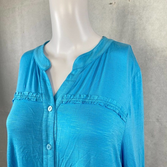 Soft Surroundings Shirt Womens Sz L Blue Jersey Knit Ruffle Trim Button Tunic - Picture 3 of 9